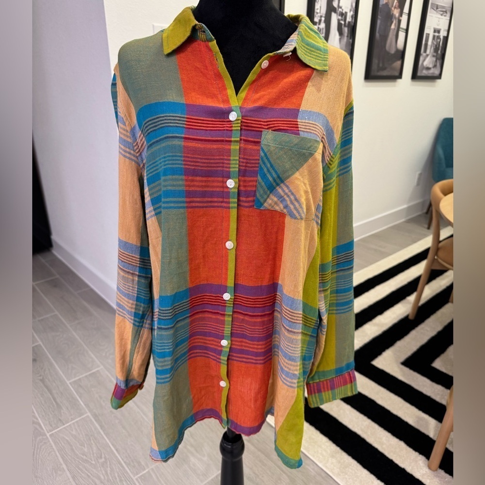 SOFT SURROUNDINGS Spring Summer Bright Heavily Embroidered Plaid Linen Blend - Picture 6 of 8